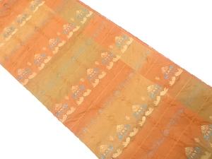 未使用品　小池織物製　ふくれ織　横段に向かい鳥・花唐草模様織り出し全通袋帯(未仕立て)